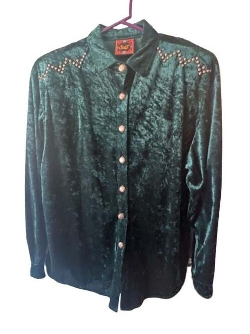 Circle T Shirt Size Large Green Crushed Velvet Studded Button Down